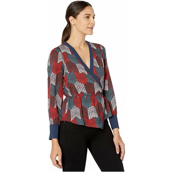New BCBGMaxAzria XS Silky Wrap Peplum Blouse Top Geo Chevron Print Red Teal L/S - Picture 8 of 13